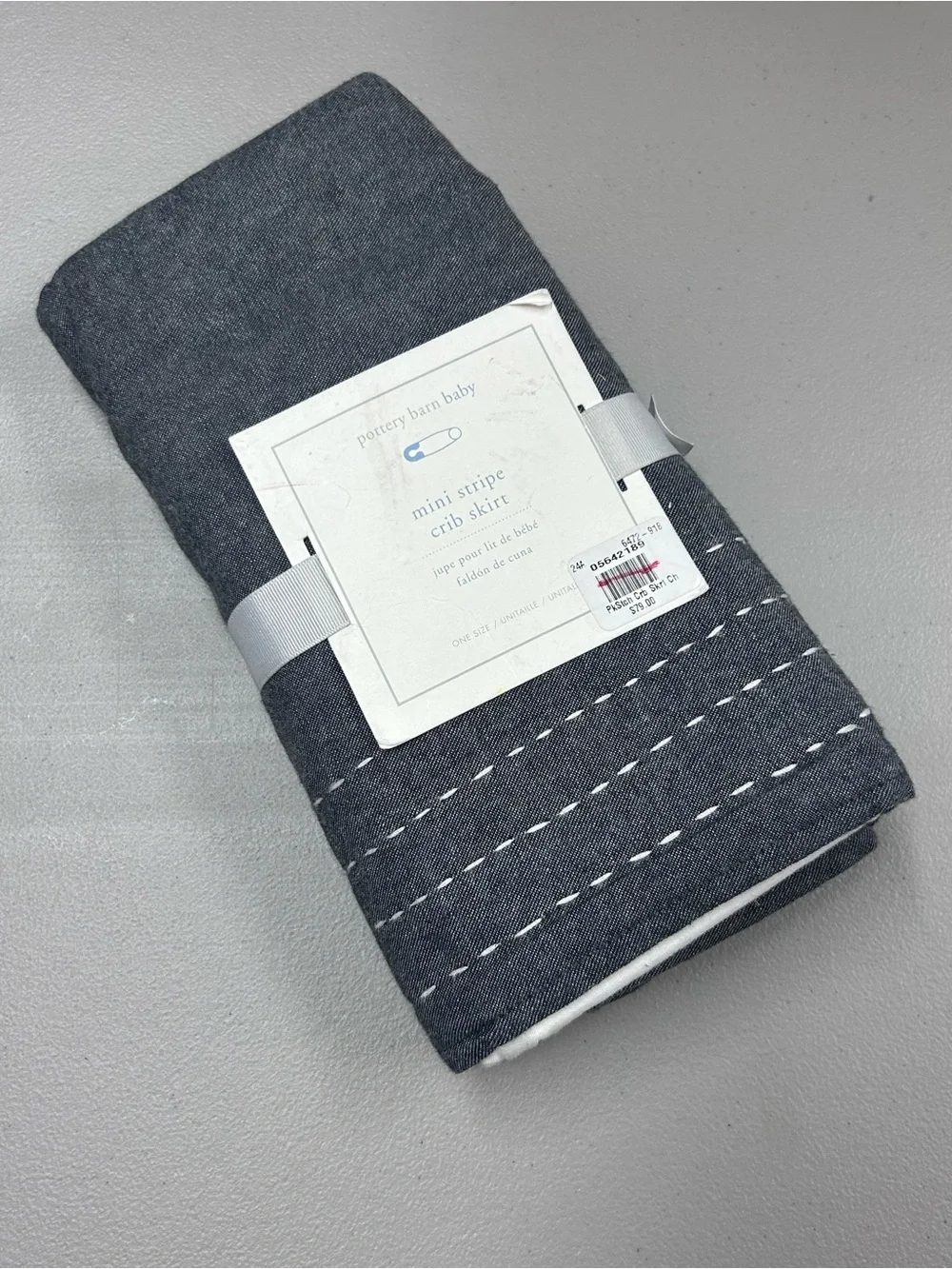 Pottery Barn Baby Mini Stripe Crib Skirt Nursery Bedding Gray w/ White Stitching